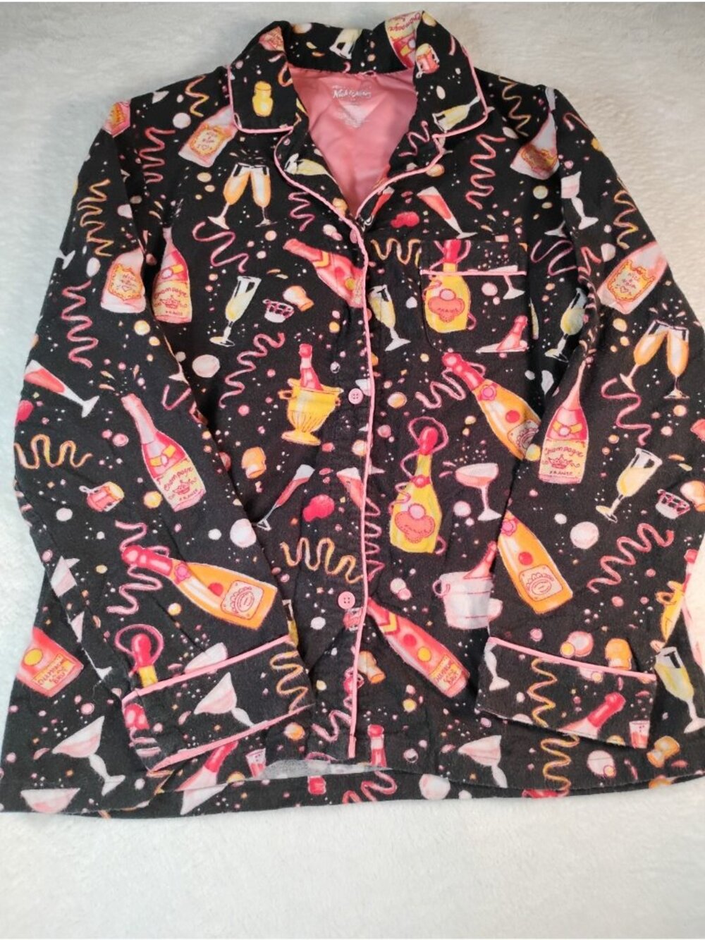 Nick & Nora Flannel Pajama Top Button Down Champagne Bottles Festive S Black